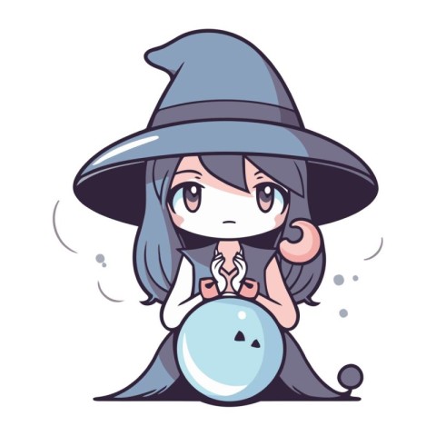 Illustration of a cute little witch with a magic ball. Vector.