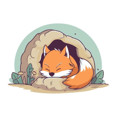 Cute fox sleeping in a cave. Vector illustration in cartoon styl