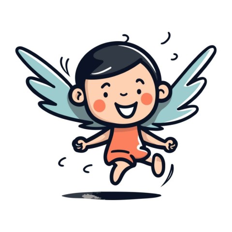 Cute little boy flying with angel wings. Vector cartoon illustra