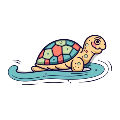 Cute cartoon turtle on the water. Vector illustration isolated o