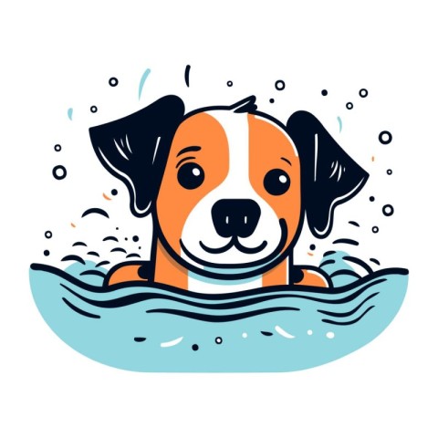 Cute dog swimming in the sea. Vector illustration in cartoon sty