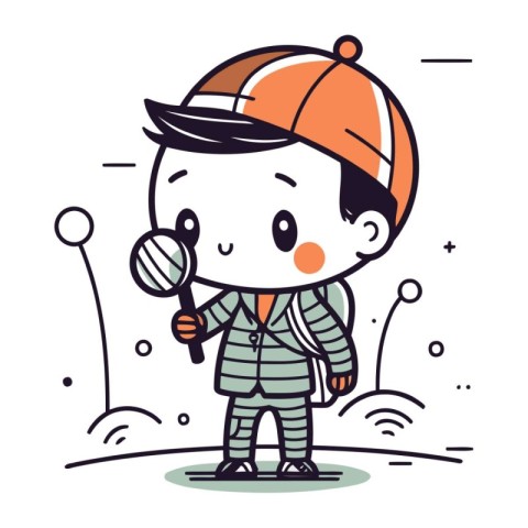 Cute little boy with magnifying glass. Vector illustration in ca