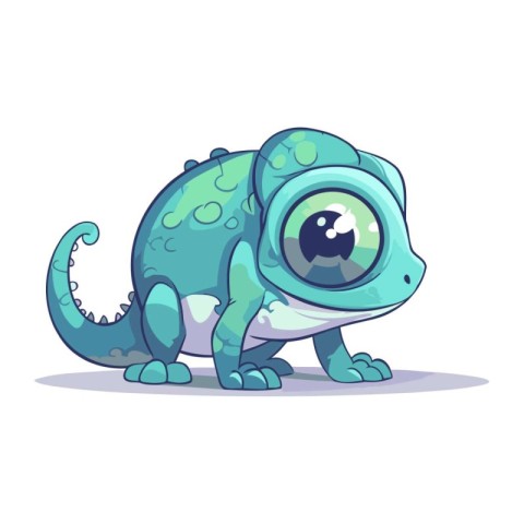 Cute cartoon blue chameleon isolated on white background. Vector