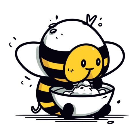 Cute cartoon bee with a bowl of milk. Vector illustration.