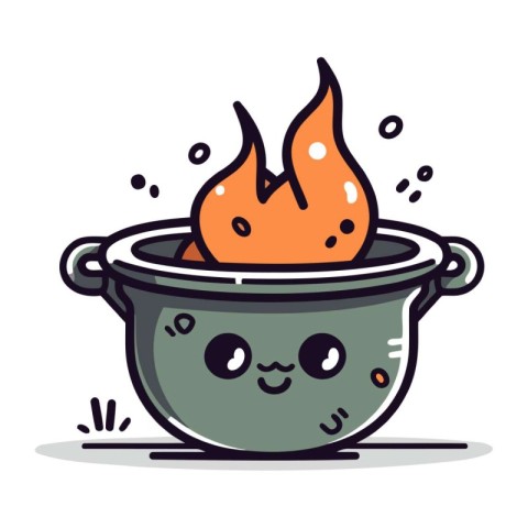 Cute cartoon cooking pot with fire. Vector illustration isolated