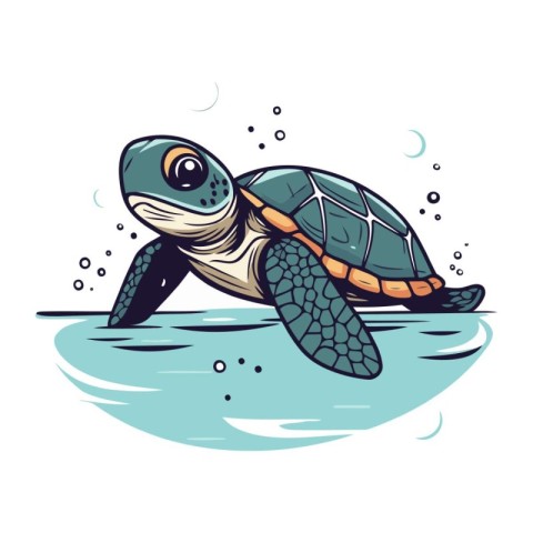 Cute cartoon sea turtle swimming in the water. Vector illustrati