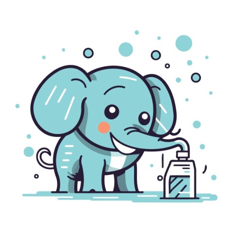 Cute little elephant with a bottle of shampoo. Vector illustrati