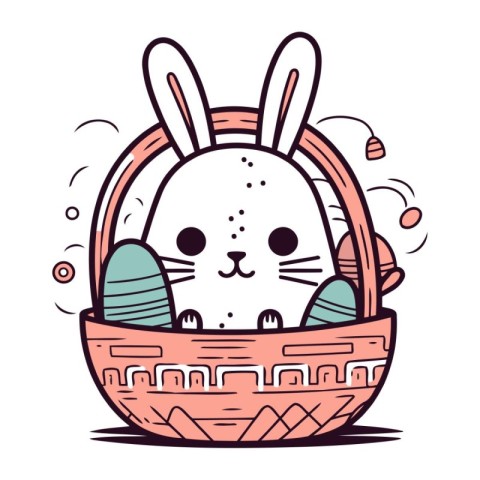 Easter bunny in a basket with eggs. Vector illustration in doodl