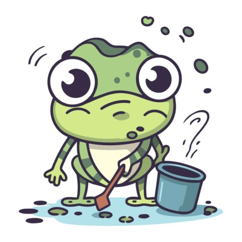 Cute frog with a bucket of water. Vector illustration in cartoon