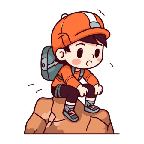 Cute little boy climbing on a rock. Vector illustration in carto