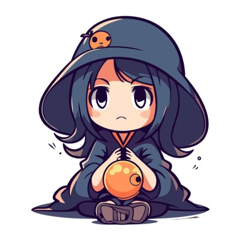 Cute little girl in witch costume with magic ball. Vector illust