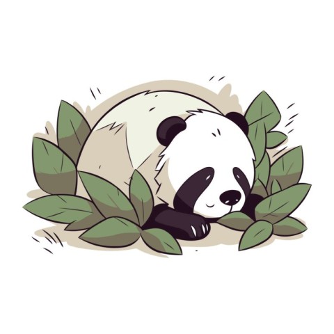 Cute panda sleeping in the green leaves. Vector illustration.