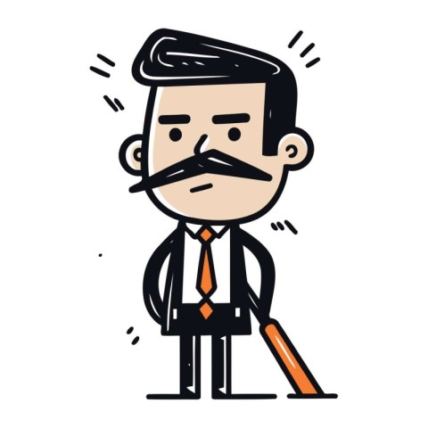 Cartoon man with mustache and baseball bat. Vector clip art.