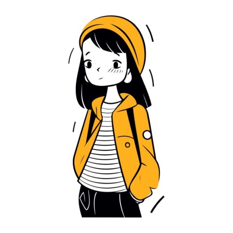 Girl in yellow coat and hat with backpack. Vector illustration o