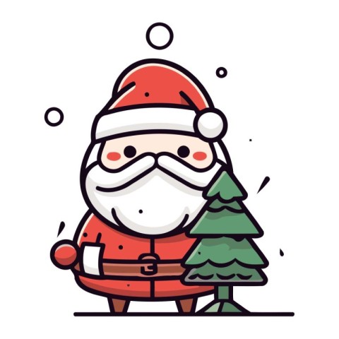 Cute Santa Claus and Christmas tree. Vector line art illustratio