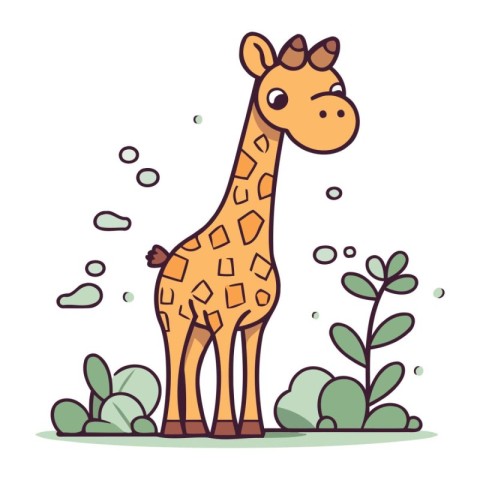 Cute cartoon giraffe with grass and flowers. Vector illustration