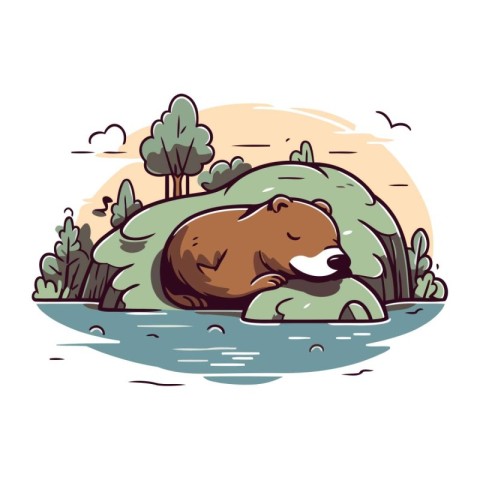 Vector illustration of a brown bear sleeping on the bank of the