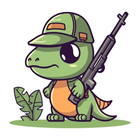 Cute dinosaur with a gun in the jungle. Vector illustration.