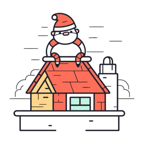 Santa Claus on the roof of the house. Flat line vector illustrat