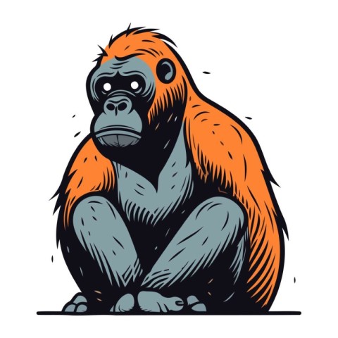 Gorilla sitting on the ground. Hand drawn vector illustration.