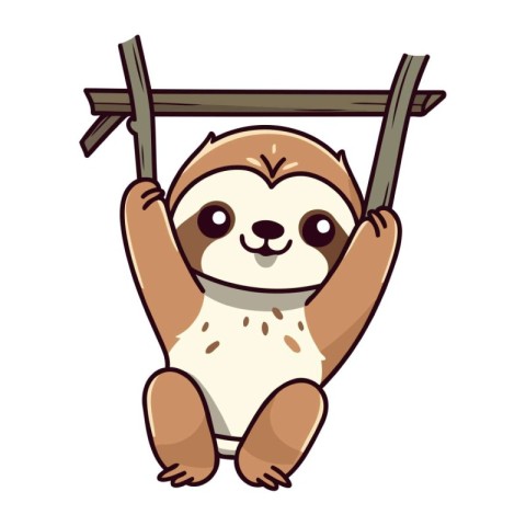 Cute sloth hanging on a wooden pole. Vector illustration.