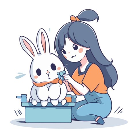 Girl playing with a rabbit. Vector illustration in a cartoon sty