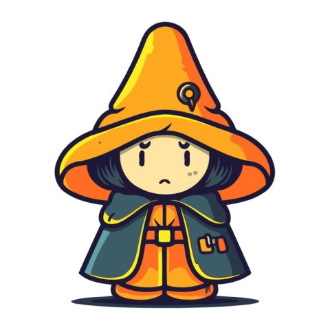 Cute little witch in a hat and cloak. Vector illustration.