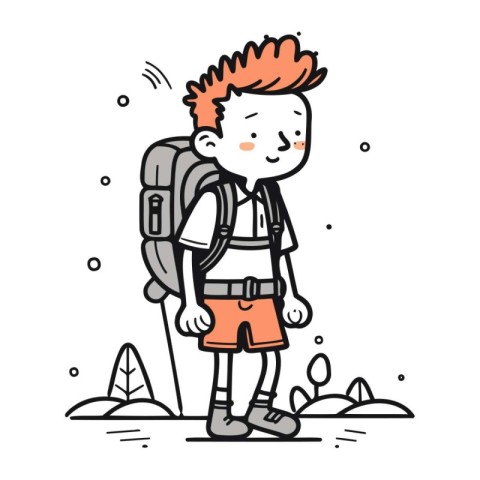 Hiking boy with backpack. Vector illustration in doodle style.