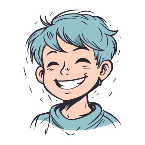 Vector illustration of a smiling boy with blue hair on white bac