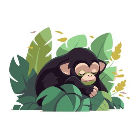 Chimpanzee sitting on green leaves. Vector illustration in carto