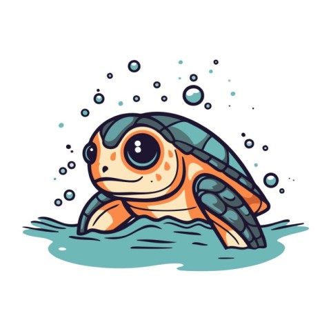 Cute cartoon sea turtle swimming in the water. Vector illustrati