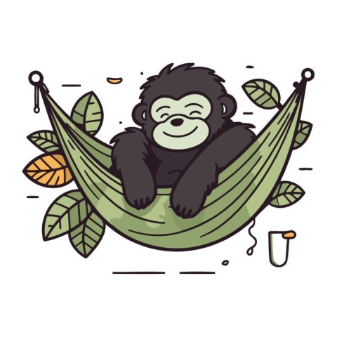 Chimpanzee in a hammock with leaves. Vector illustration.