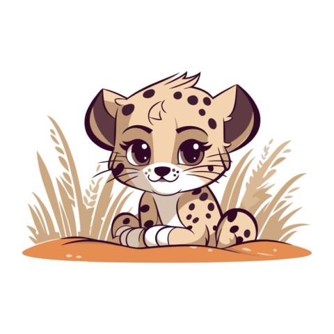 Cute cartoon cheetah sitting in grass. Vector illustration.