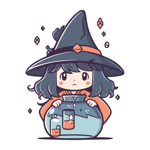 Cute little witch with a potion. Vector illustration. Isolated o