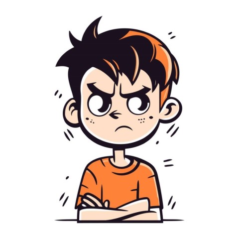 Angry little boy in orange t shirt. Vector illustration.