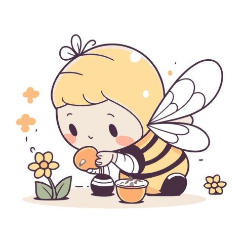 Cute little bee boy with honey pot. Vector illustration in carto