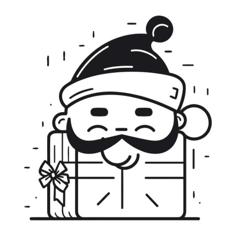 Santa Claus with a gift box. Black and white vector illustration