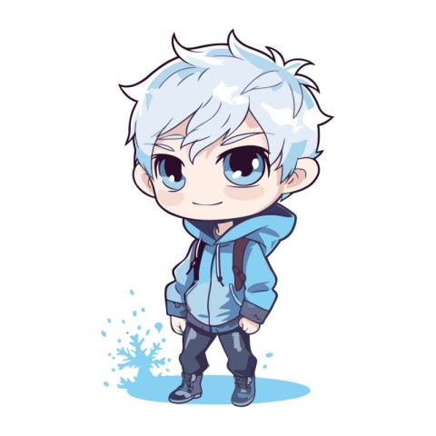 Cute little boy with blue hair and blue eyes. Vector illustratio