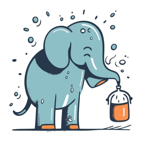 Cute elephant drinking water from a bottle. Hand drawn vector il