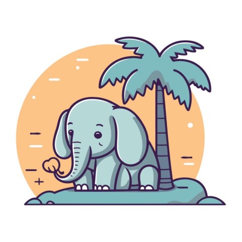 Elephant on the beach with palm trees. Vector illustration in fl