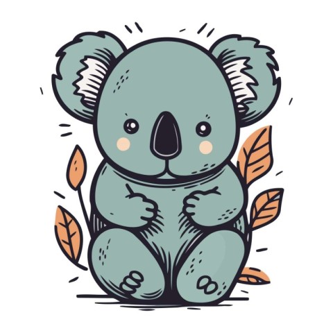 Cute cartoon koala sitting on the leaves. Vector illustration.