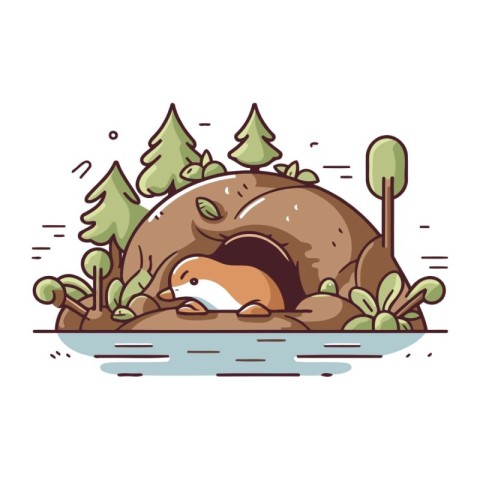 Cute little boy sleeping on a rock in the forest. Vector illustr