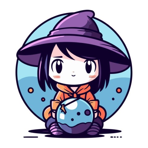 Cute little witch with crystal ball. Vector illustration in cart