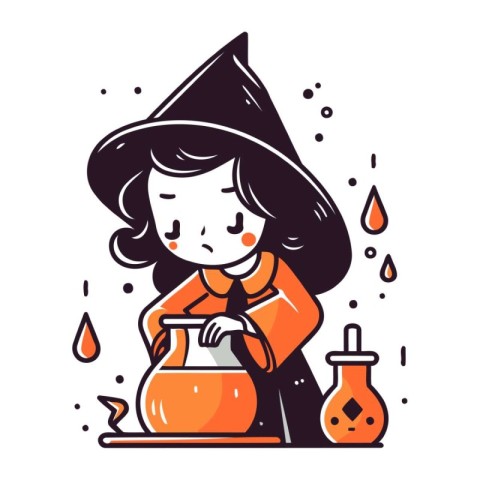 Cute little witch with a pot of potion. Vector illustration.