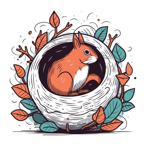 Squirrel in the nest. Vector hand drawn illustration in cartoon