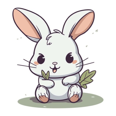 Cute cartoon bunny with green leaves. Vector illustration on whi