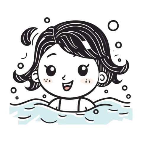 Cute little girl swimming in the sea. Cartoon vector illustratio