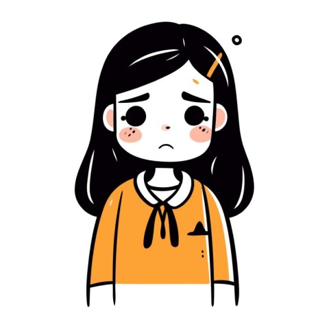 Cute kawaii little girl with sad face. Vector illustration.