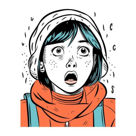 Surprised girl in winter clothes. Vector illustration in sketch