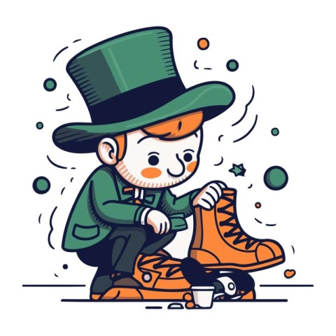 Funny cartoon leprechaun with ice skates. Vector illustration.